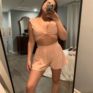 Two Piece Lace Up Back Shorts Crop Top Set